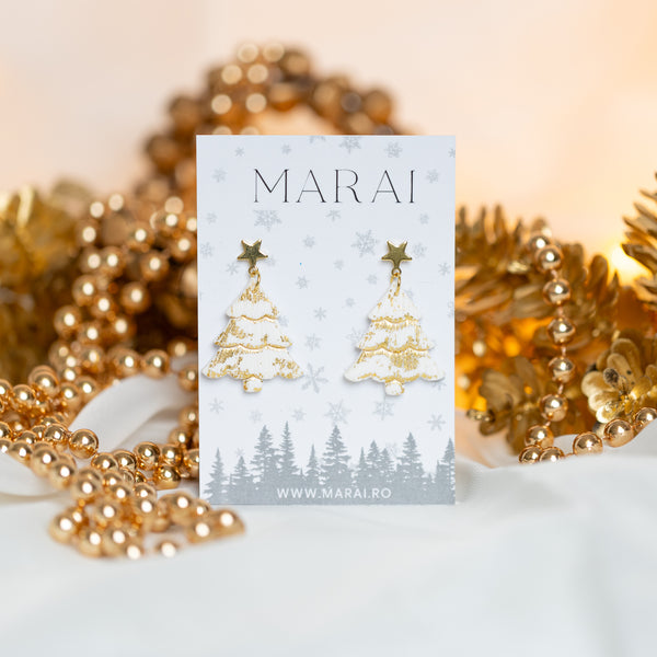 Cercei Brăduți Albi cu foiță de aur