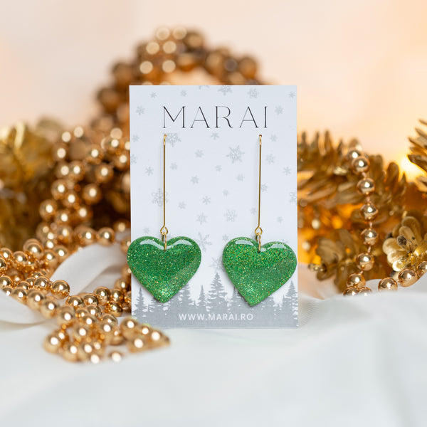 Cercei Heart - green glitter